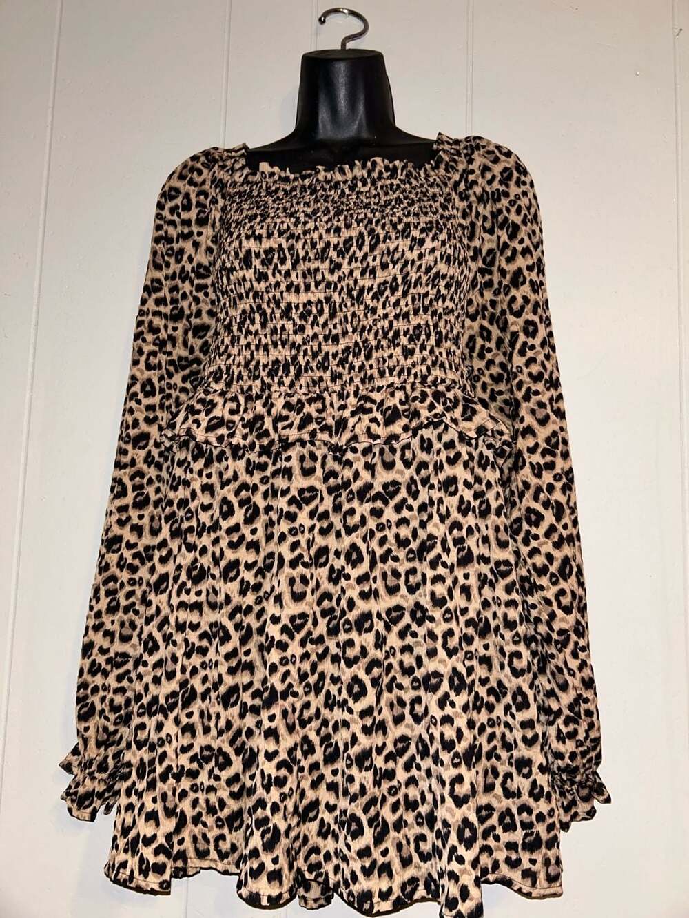 Unbranded Leopard Print Long Sleeve Smocked Dress